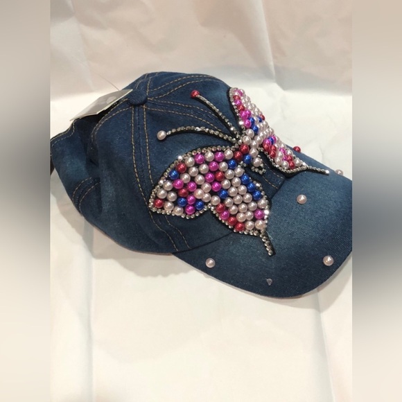 Denim red white pink pearl embellished rhinestone crystal butterfly baseball cap - Picture 2 of 14